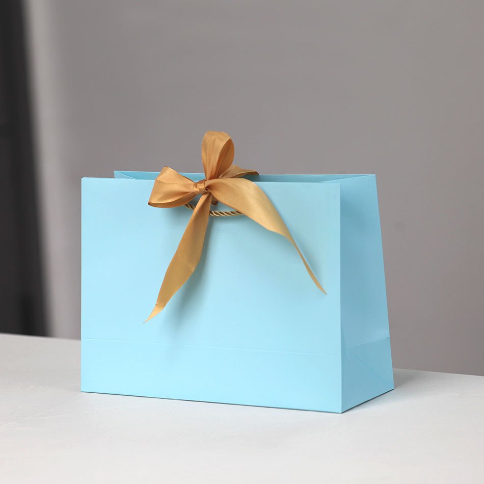 blue Cardboard Paper Bags Kraft Printing Color Ribbon Handle Bags