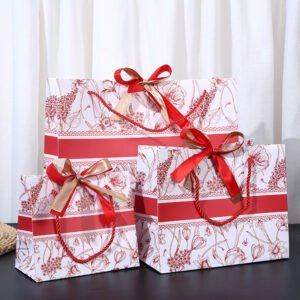 red Luxury handle Paper Bags with ribbon printed flowers